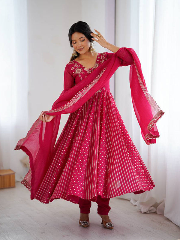 Pink Embroidery Sequence Work Crunchy Silk Anarkali Gown With Dupatta