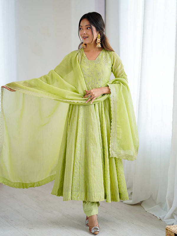 Pista Green Embroidery Sequence Work Crunchy Silk Anarkali Gown With Dupatta