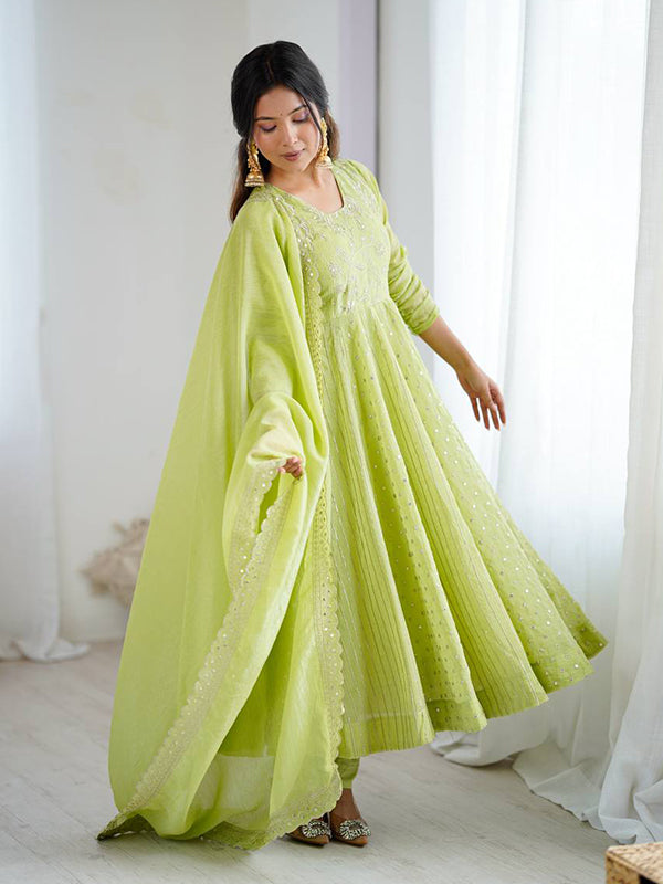 Pista Green Embroidery Sequence Work Crunchy Silk Anarkali Gown With Dupatta
