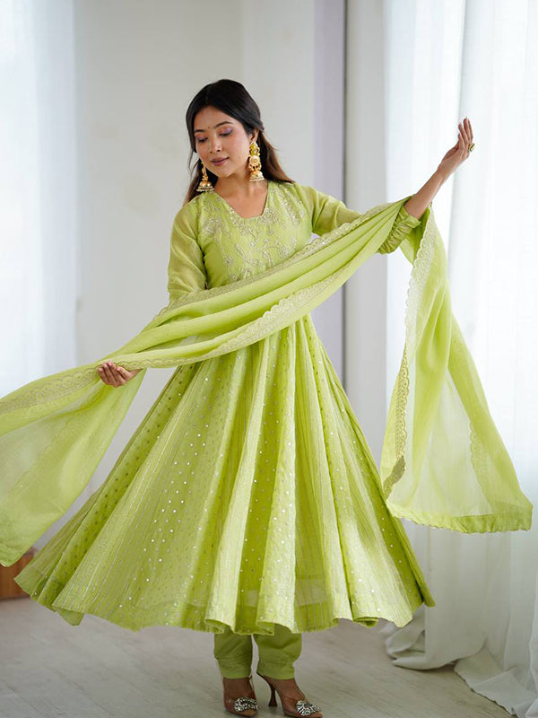 Pista Green Embroidery Sequence Work Crunchy Silk Anarkali Gown With Dupatta