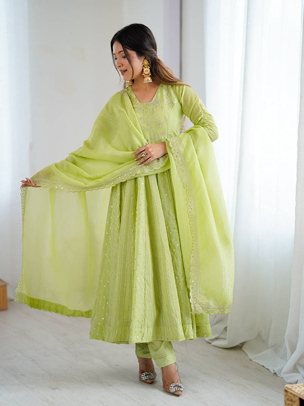 Pista Green Embroidery Sequence Work Crunchy Silk Anarkali Gown With Dupatta