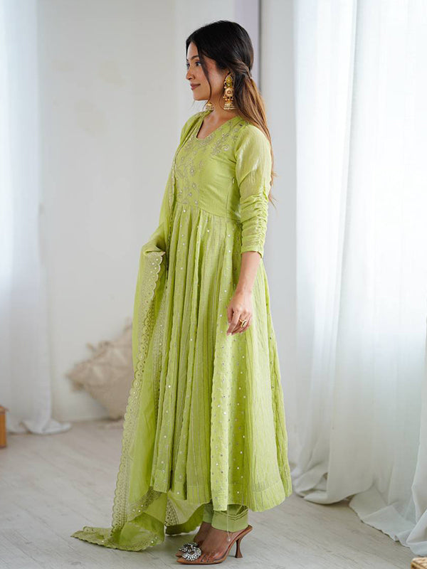 Pista Green Embroidery Sequence Work Crunchy Silk Anarkali Gown With Dupatta