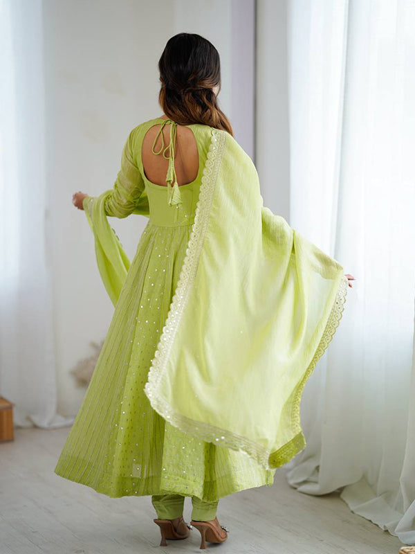Pista Green Embroidery Sequence Work Crunchy Silk Anarkali Gown With Dupatta