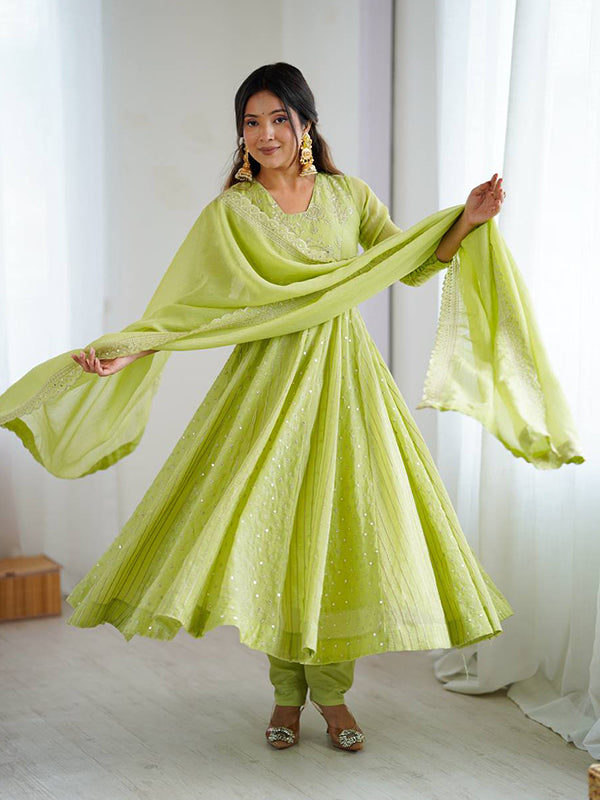 Pista Green Embroidery Sequence Work Crunchy Silk Anarkali Gown With Dupatta