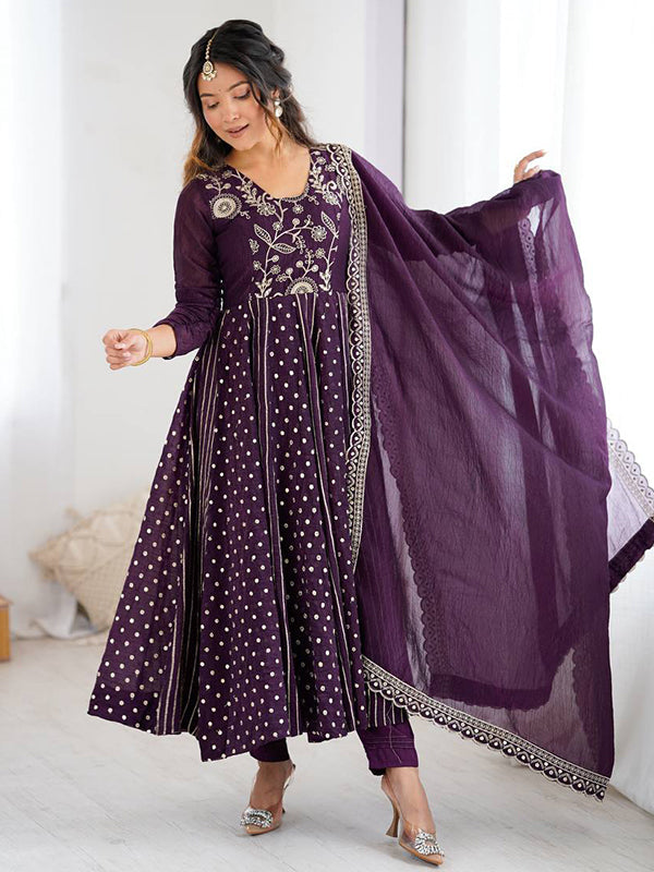 Purple Embroidery Sequence Work Crunchy Silk Anarkali Gown With Dupatta