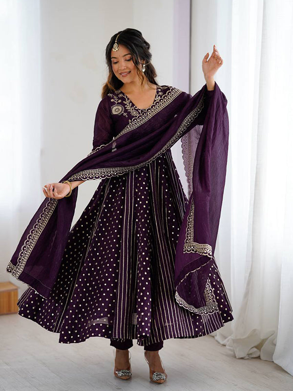 Purple Embroidery Sequence Work Crunchy Silk Anarkali Gown With Dupatta