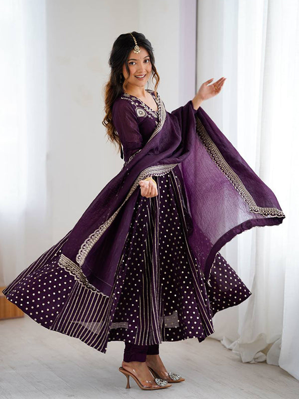 Purple Embroidery Sequence Work Crunchy Silk Anarkali Gown With Dupatta