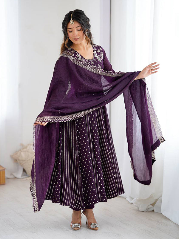 Purple Embroidery Sequence Work Crunchy Silk Anarkali Gown With Dupatta