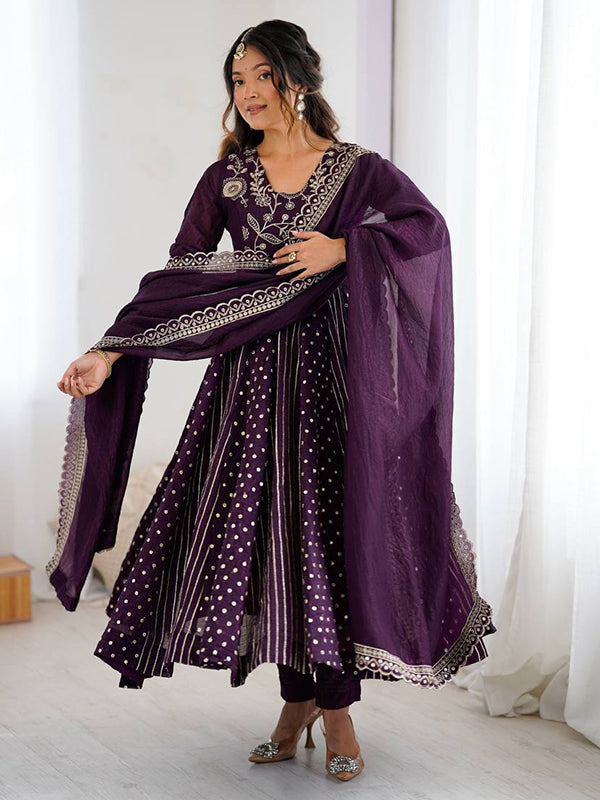 Purple Embroidery Sequence Work Crunchy Silk Anarkali Gown With Dupatta