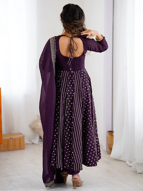 Purple Embroidery Sequence Work Crunchy Silk Anarkali Gown With Dupatta