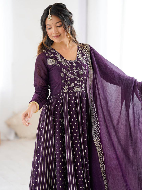 Purple Embroidery Sequence Work Crunchy Silk Anarkali Gown With Dupatta
