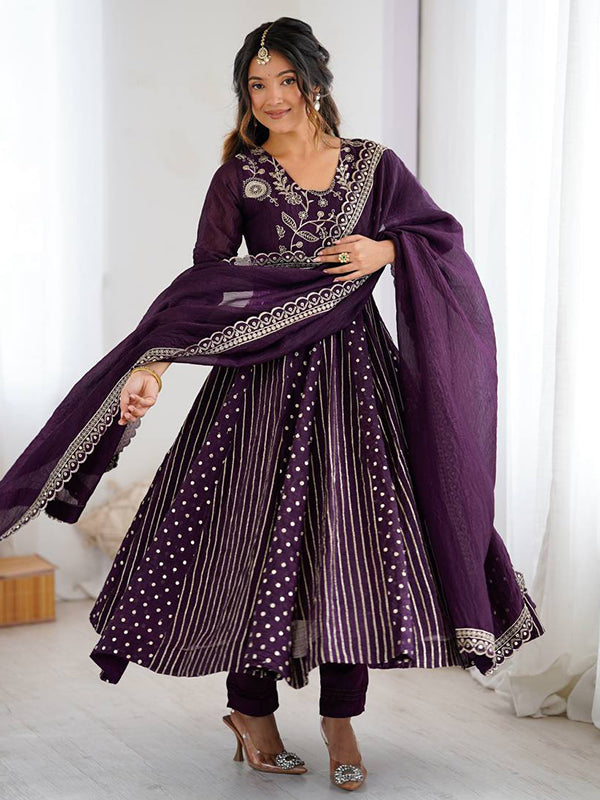 Purple Embroidery Sequence Work Crunchy Silk Anarkali Gown With Dupatta