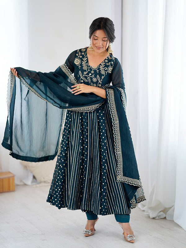Teal Blue Embroidery Sequence Work Crunchy Silk Anarkali Gown With Dupatta