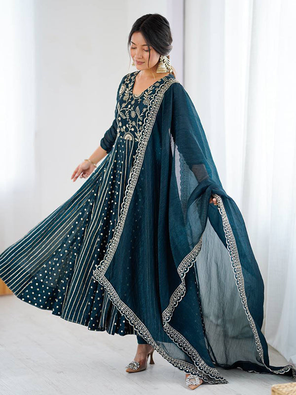 Teal Blue Embroidery Sequence Work Crunchy Silk Anarkali Gown With Dupatta
