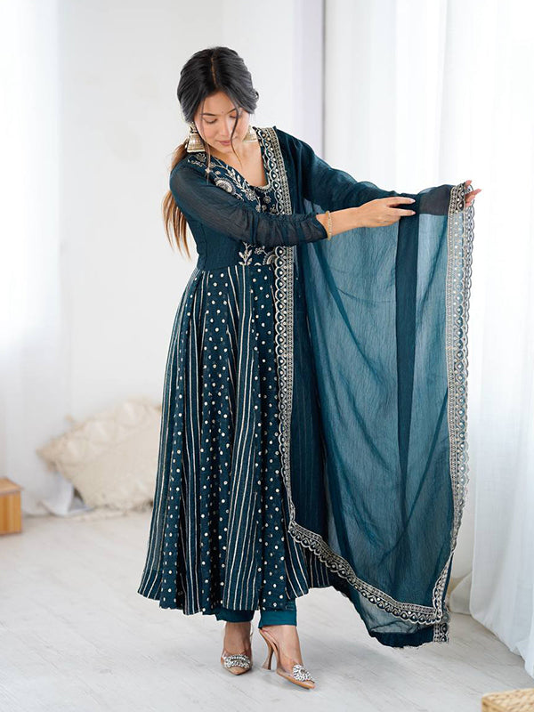 Teal Blue Embroidery Sequence Work Crunchy Silk Anarkali Gown With Dupatta