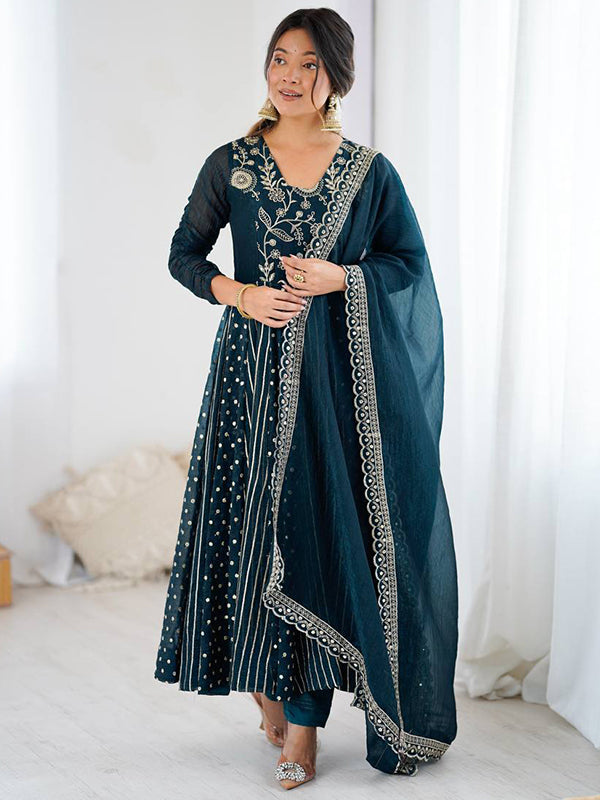 Teal Blue Embroidery Sequence Work Crunchy Silk Anarkali Gown With Dupatta