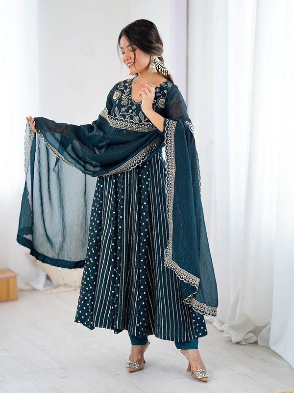 Teal Blue Embroidery Sequence Work Crunchy Silk Anarkali Gown With Dupatta