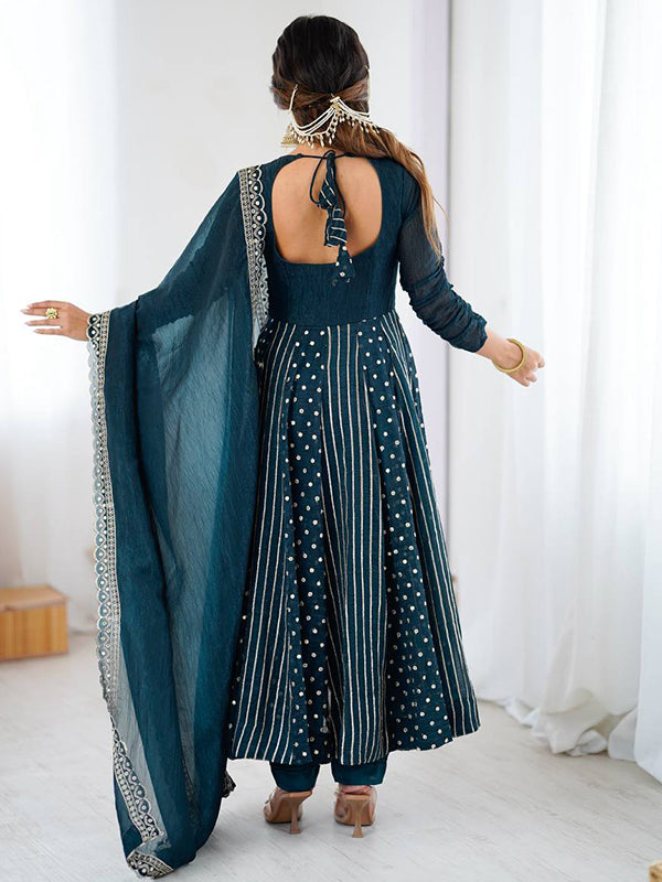 Teal Blue Embroidery Sequence Work Crunchy Silk Anarkali Gown With Dupatta