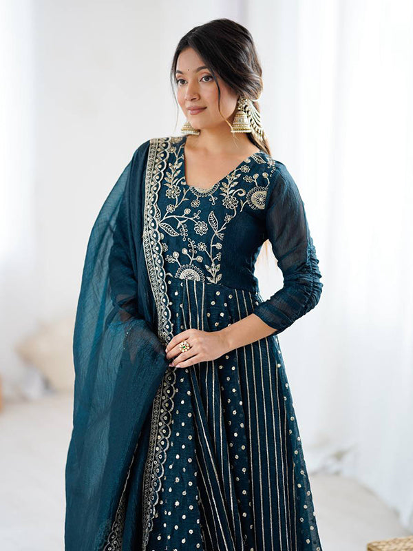 Teal Blue Embroidery Sequence Work Crunchy Silk Anarkali Gown With Dupatta