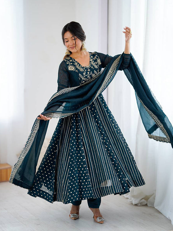 Teal Blue Embroidery Sequence Work Crunchy Silk Anarkali Gown With Dupatta