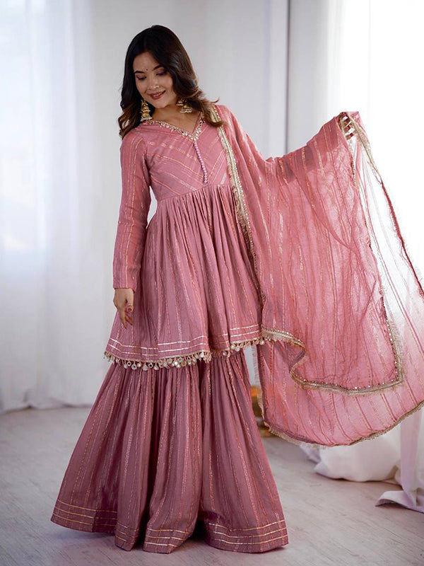 Dusty Pink Real Mirror & Handwork Mal Chanderi Sharara Set With Dupatta