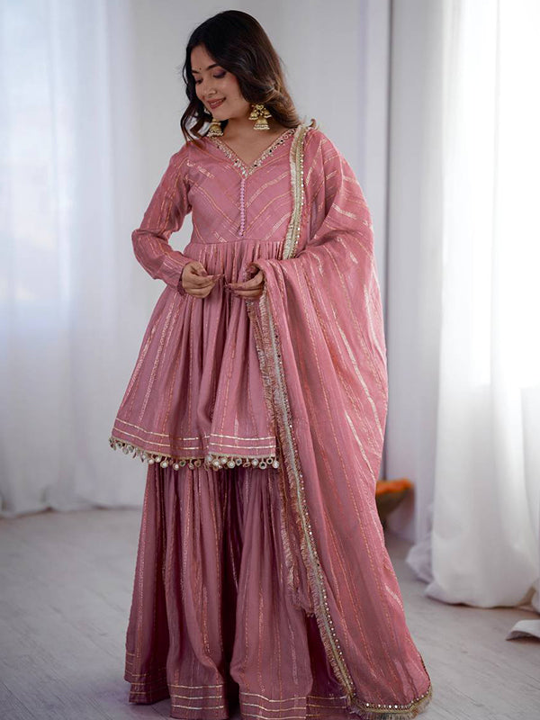 Dusty Pink Real Mirror & Handwork Mal Chanderi Sharara Set With Dupatta