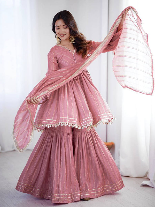 Dusty Pink Real Mirror & Handwork Mal Chanderi Sharara Set With Dupatta