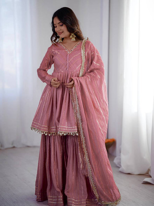 Dusty Pink Real Mirror & Handwork Mal Chanderi Sharara Set With Dupatta