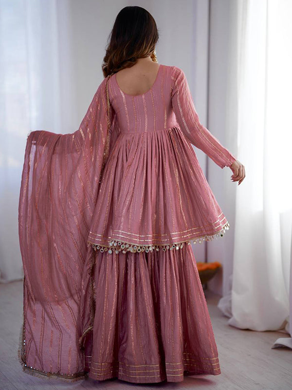 Dusty Pink Real Mirror & Handwork Mal Chanderi Sharara Set With Dupatta