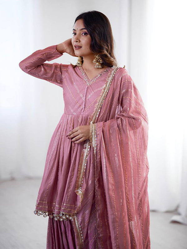 Dusty Pink Real Mirror & Handwork Mal Chanderi Sharara Set With Dupatta