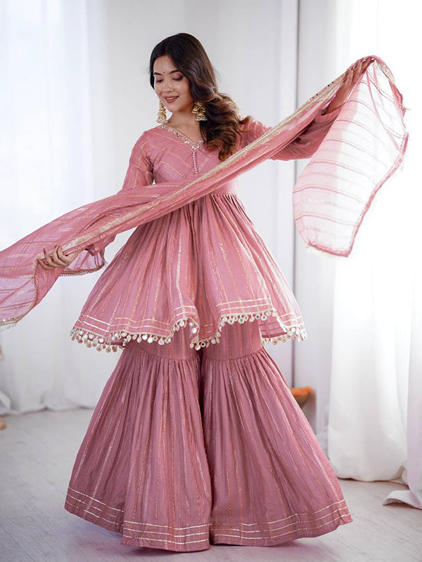 Dusty Pink Real Mirror & Handwork Mal Chanderi Sharara Set With Dupatta