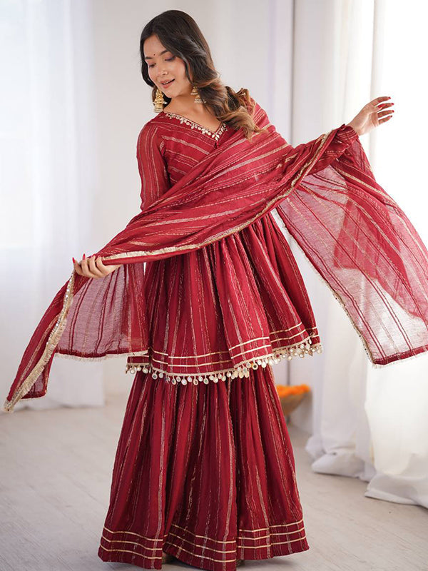 Maroon Real Mirror & Handwork Mal Chanderi Sharara Set With Dupatta