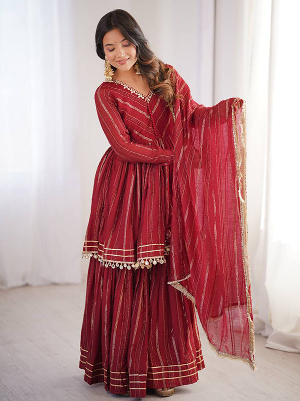 Maroon Real Mirror & Handwork Mal Chanderi Sharara Set With Dupatta