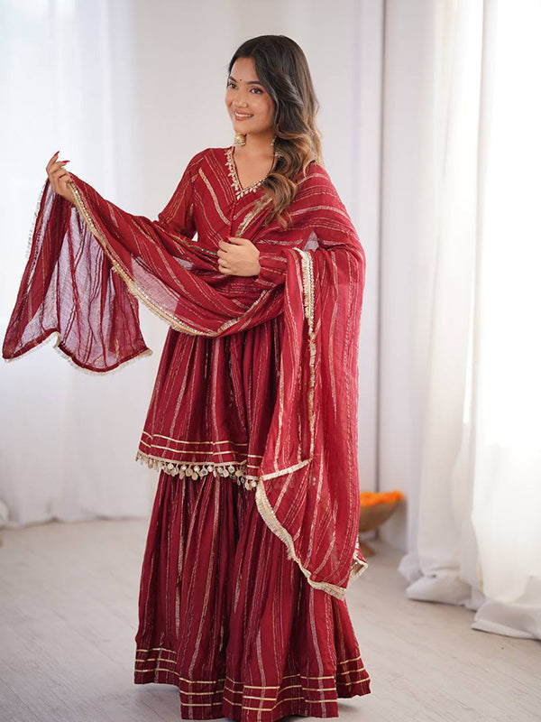 Maroon Real Mirror & Handwork Mal Chanderi Sharara Set With Dupatta