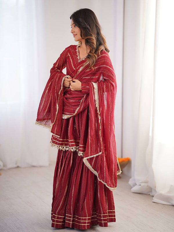 Maroon Real Mirror & Handwork Mal Chanderi Sharara Set With Dupatta
