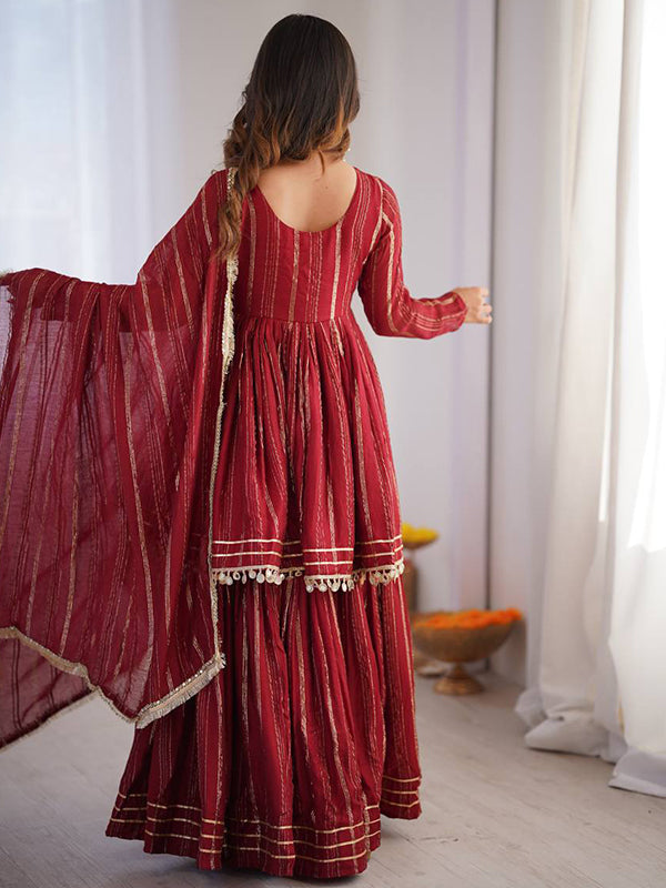Maroon Real Mirror & Handwork Mal Chanderi Sharara Set With Dupatta