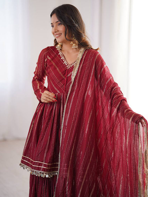 Maroon Real Mirror & Handwork Mal Chanderi Sharara Set With Dupatta