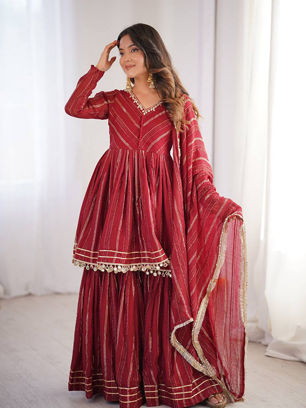 Maroon Real Mirror & Handwork Mal Chanderi Sharara Set With Dupatta