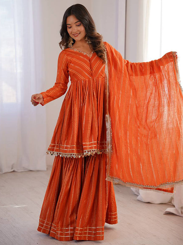 Orange Real Mirror & Handwork Mal Chanderi Sharara Set With Dupatta