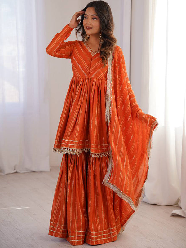 Orange Real Mirror & Handwork Mal Chanderi Sharara Set With Dupatta