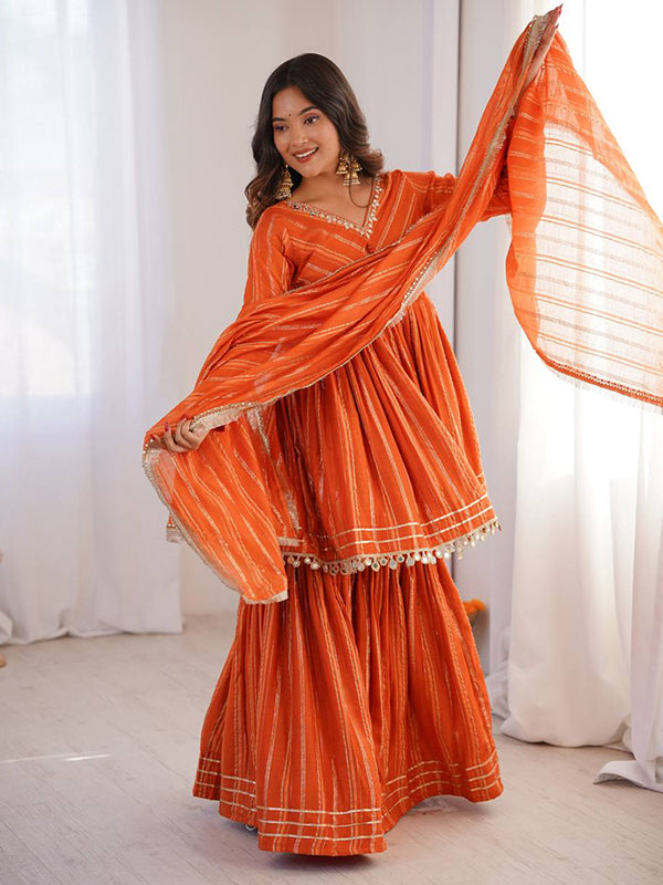 Orange Real Mirror & Handwork Mal Chanderi Sharara Set With Dupatta