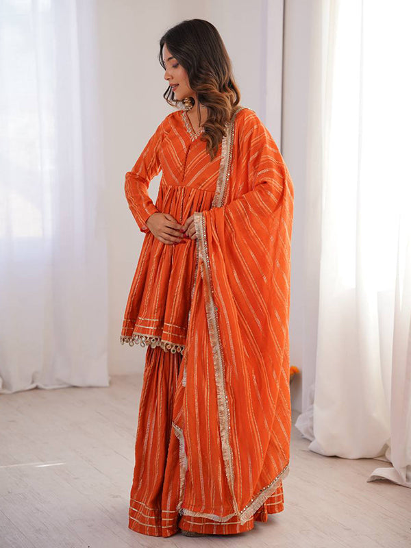 Orange Real Mirror & Handwork Mal Chanderi Sharara Set With Dupatta