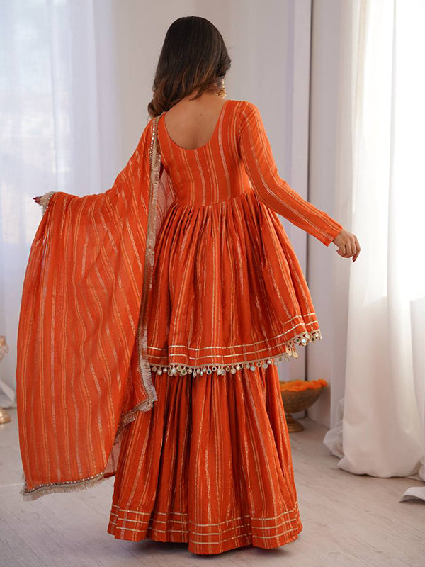 Orange Real Mirror & Handwork Mal Chanderi Sharara Set With Dupatta