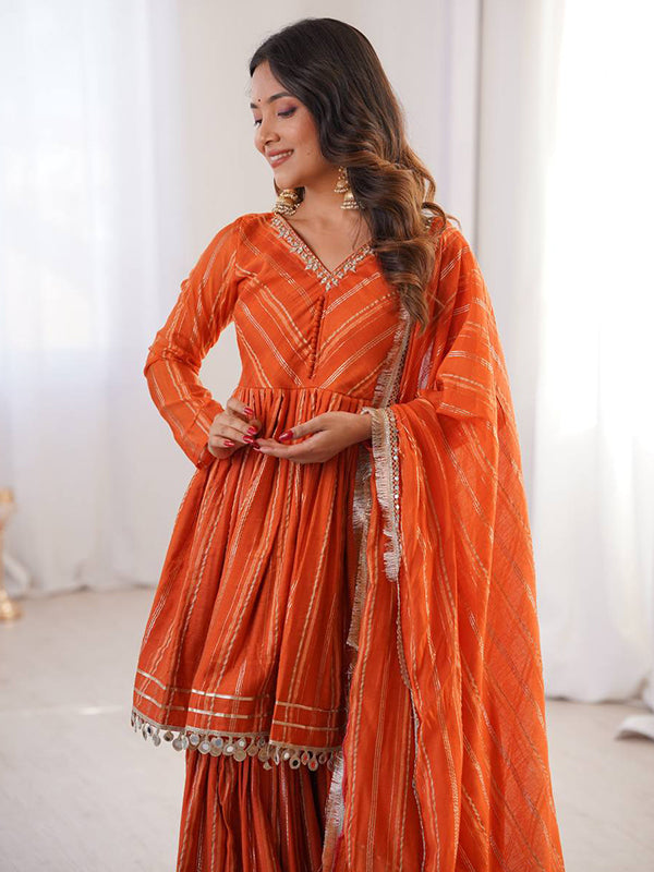 Orange Real Mirror & Handwork Mal Chanderi Sharara Set With Dupatta