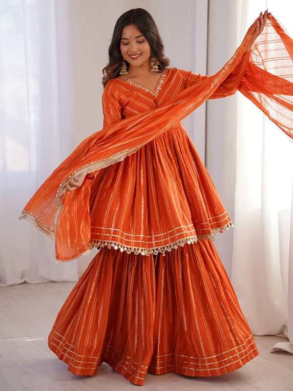 Orange Real Mirror & Handwork Mal Chanderi Sharara Set With Dupatta
