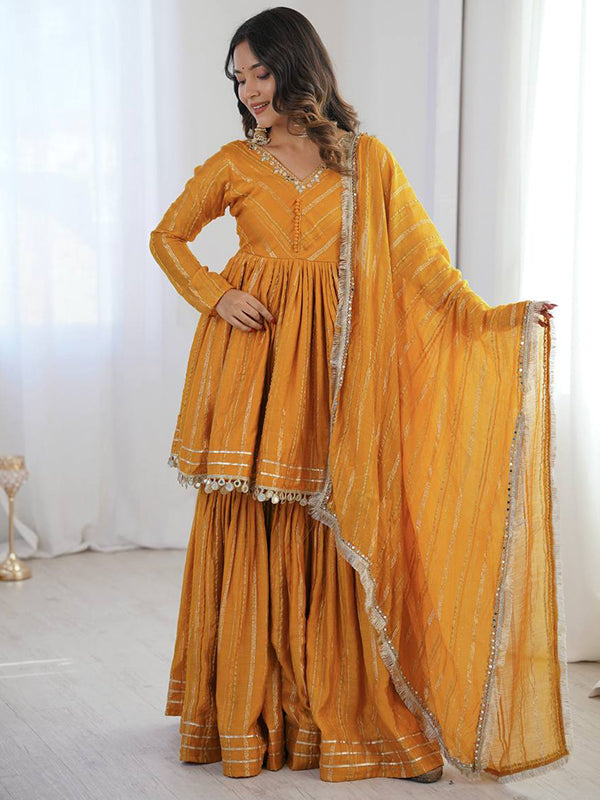 Yellow Real Mirror & Handwork Mal Chanderi Sharara Set With Dupatta