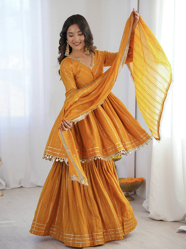 Yellow Real Mirror & Handwork Mal Chanderi Sharara Set With Dupatta