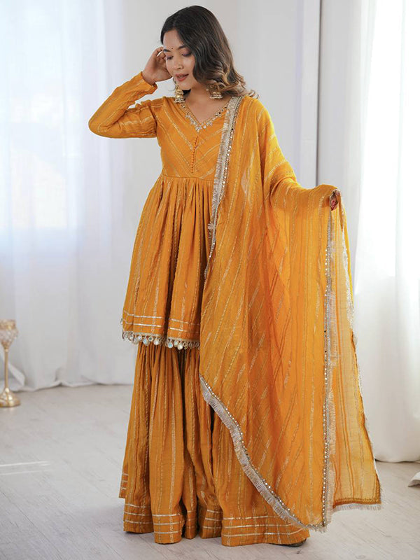 Yellow Real Mirror & Handwork Mal Chanderi Sharara Set With Dupatta