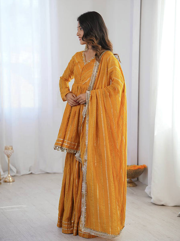 Yellow Real Mirror & Handwork Mal Chanderi Sharara Set With Dupatta