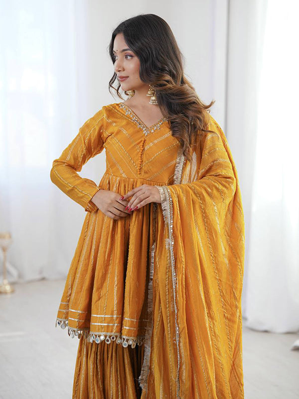 Yellow Real Mirror & Handwork Mal Chanderi Sharara Set With Dupatta